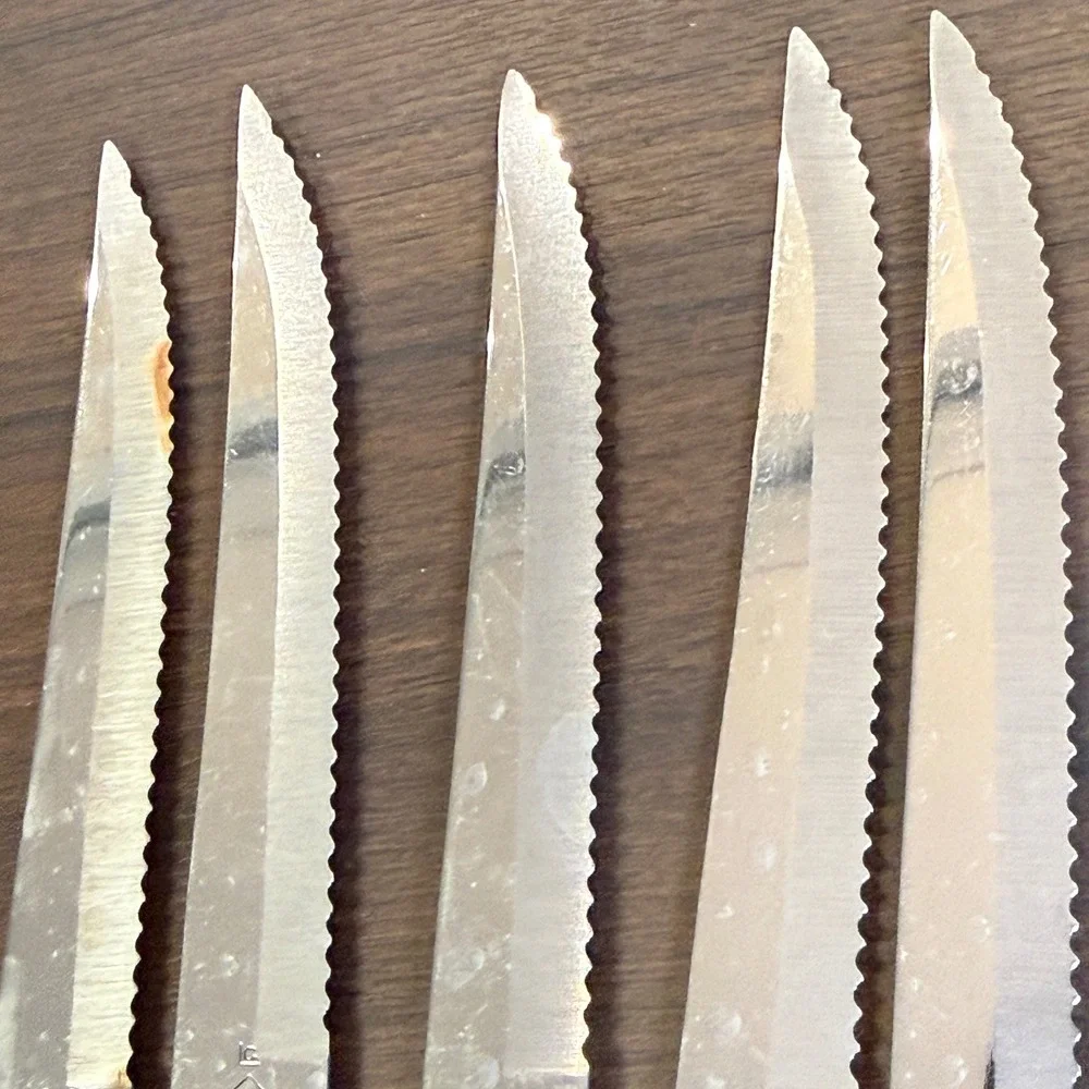 Vintage LC Japan Stainless Steel Serrated Steak Knives Wood Handle Set of 5